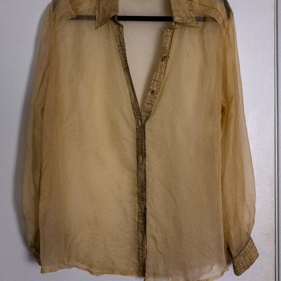 Sheer Vintage Caché 100% Silk Gold Trim Button-Up Blouse - Picture 5 of 7